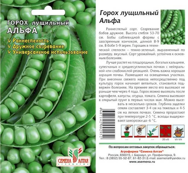 картинка Горох Альфа (цветной пакет) 10г; Семена Алтая от магазина Флоранж