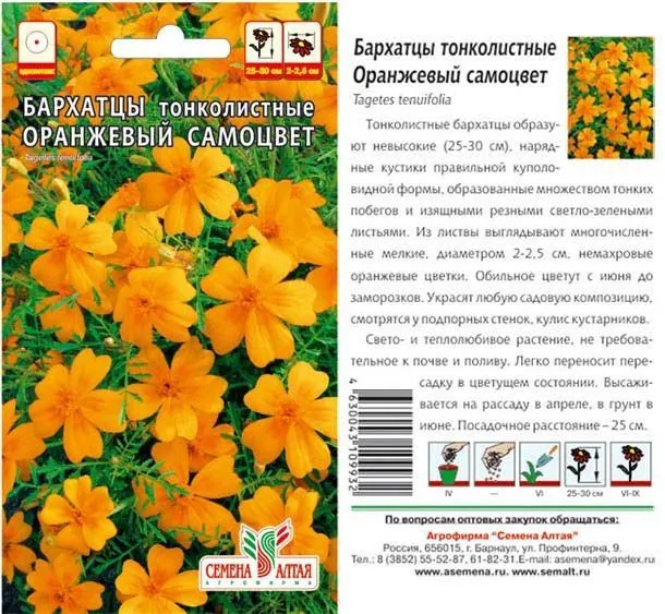 Бархатцы Оранжевый Самоцвет (цветной пакет) 0,1г; Семена Алтая