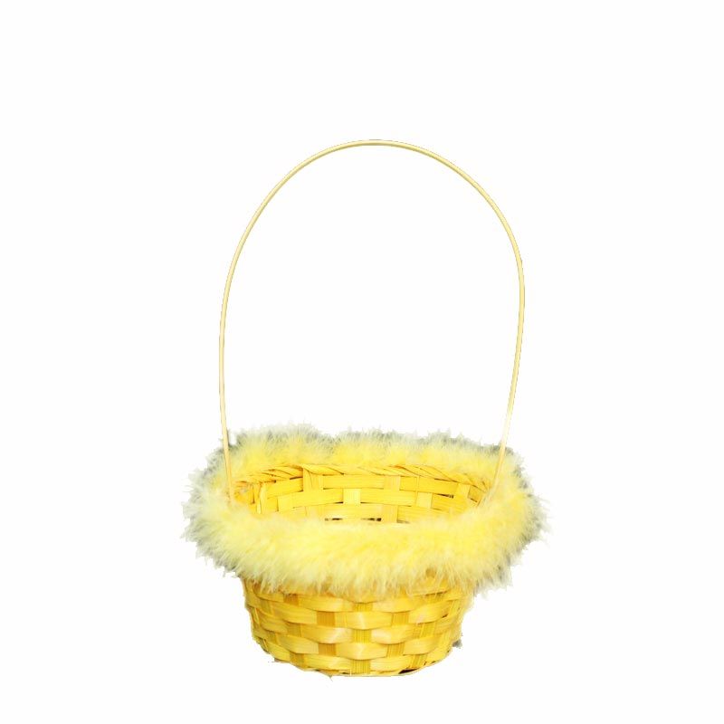 картинка Корзина плетеная с перьями (бамбук), желтая с перьями, 16xH10/30см от магазина Флоранж