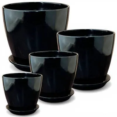 Горшок керамический Бутон Глянец 749607 (1-й из набора), 12х12см, 1л, черный; Россия