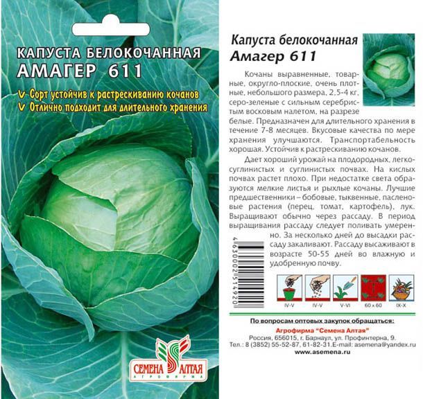 Капуста белокочанная Амагер 611 (цветной пакет) 0,3г; Семена Алтая